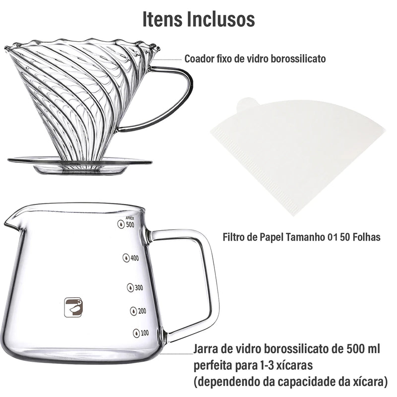 Conjunto para Café Compartilhado - Gotejador de Vidro com Filtros de Papel, Resistente ao Calor